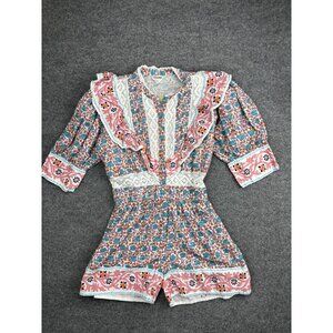 Place Nationale Romper Womens XL Pink Multi Floral Linen Blend‎ Ruffle Lace Boho